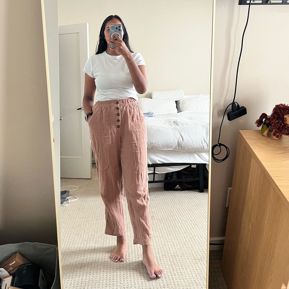 Madewell High-Rise Button-Front Linen Blend Pants — Dusty Rose